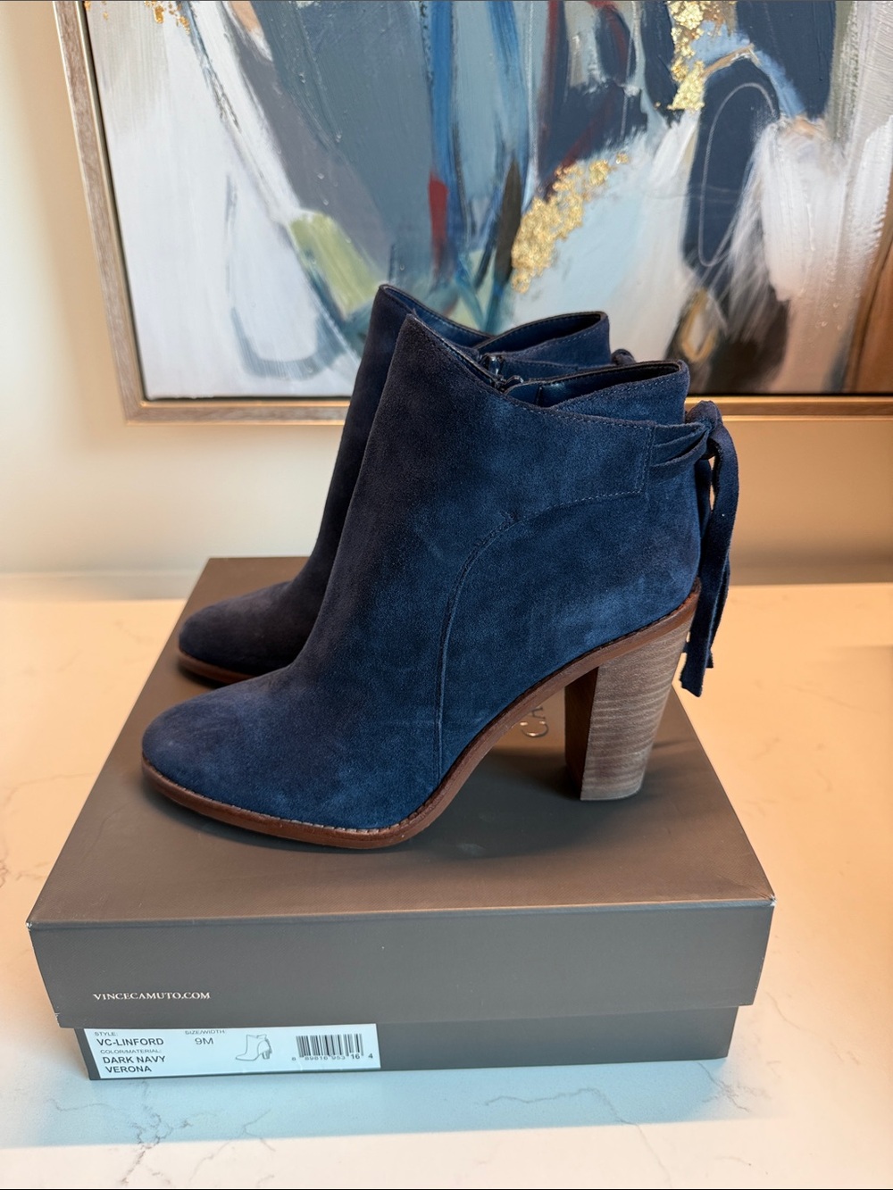Vince Camuto Navy Suede Ankle Booties with Stacked Heel